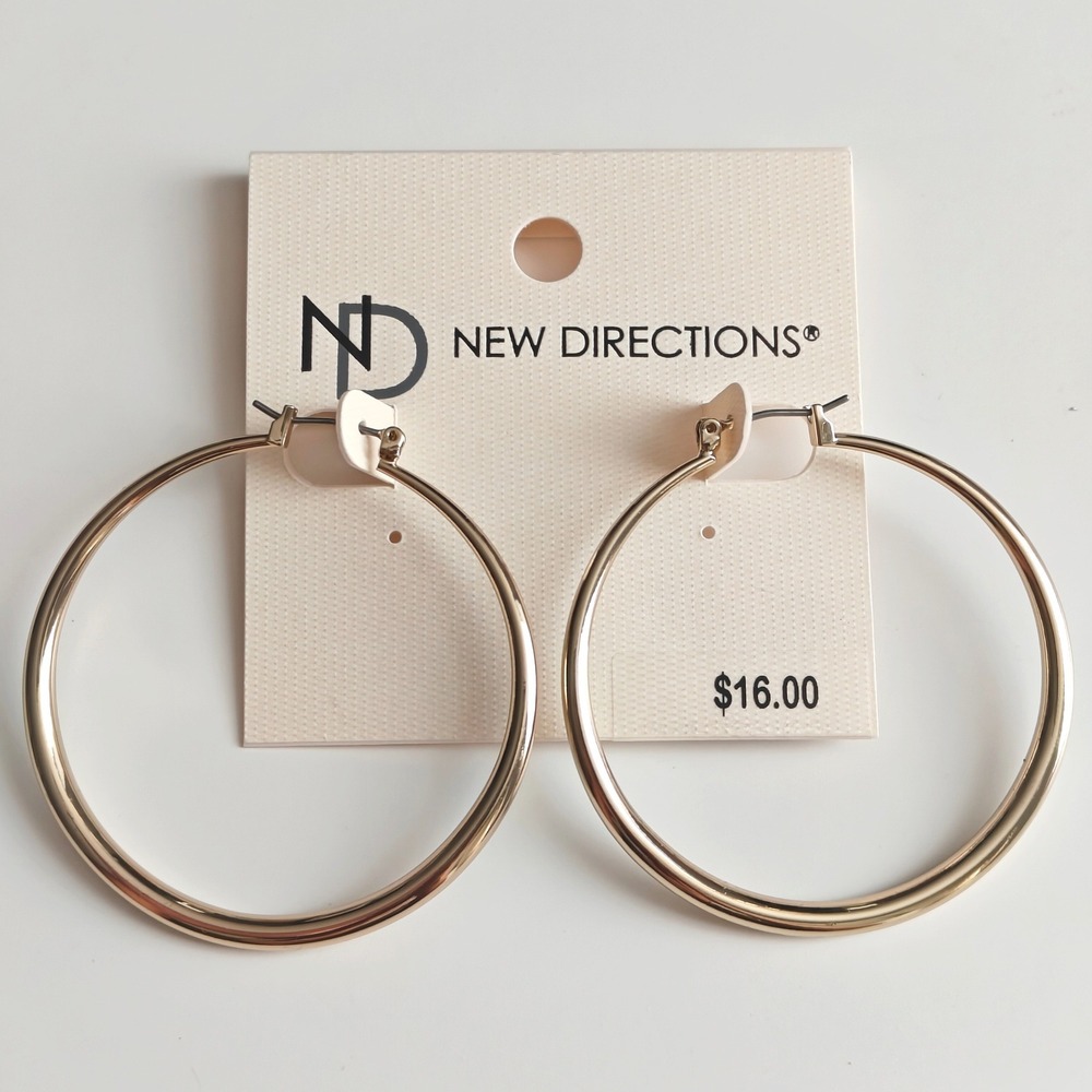 New Directions Gold Tone Large Round Hoop Earrings Polished Click Top New